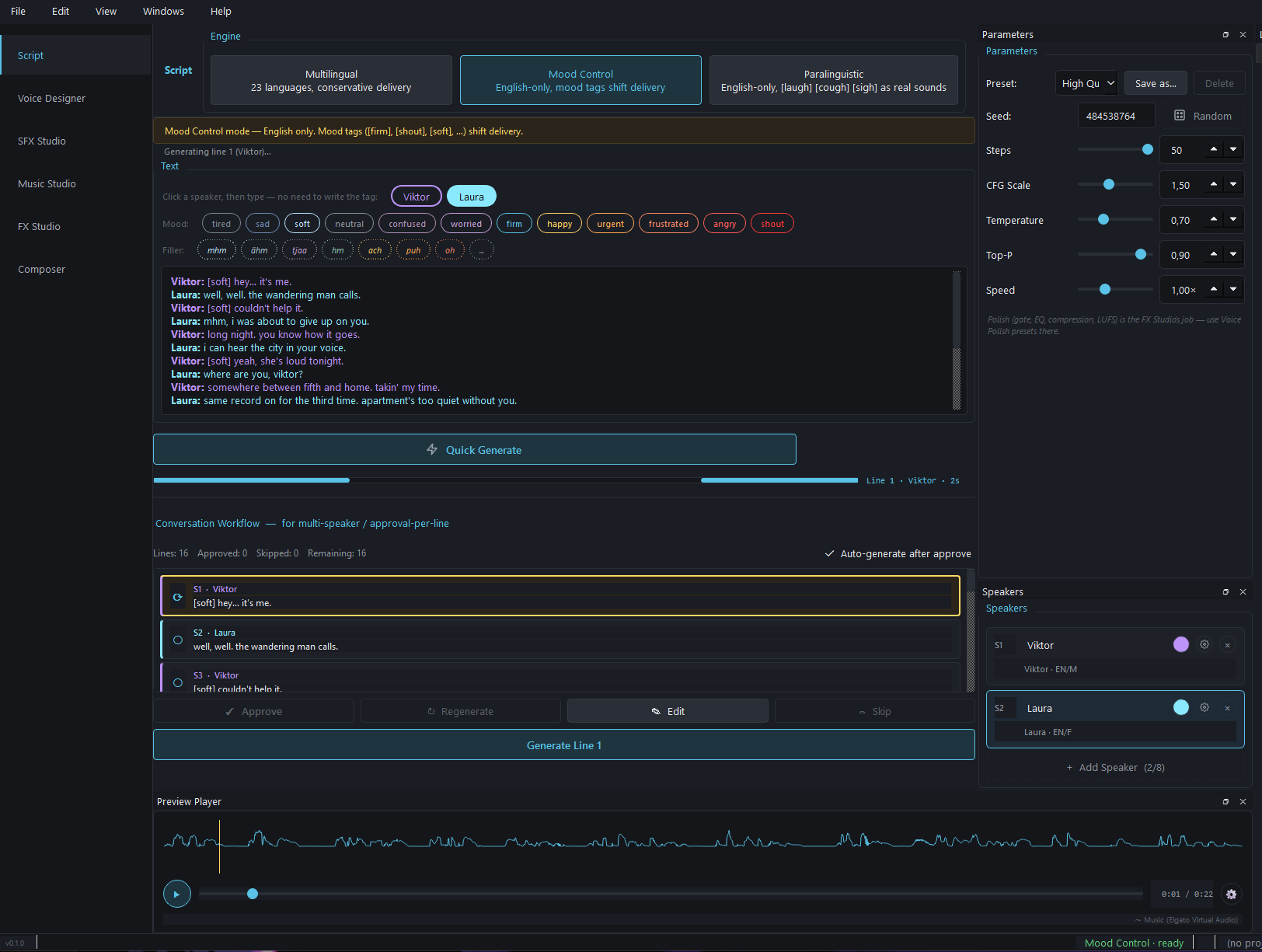 Script tab — engine selector, mood pill bar, multi-line script, per-line approval queue, speakers panel